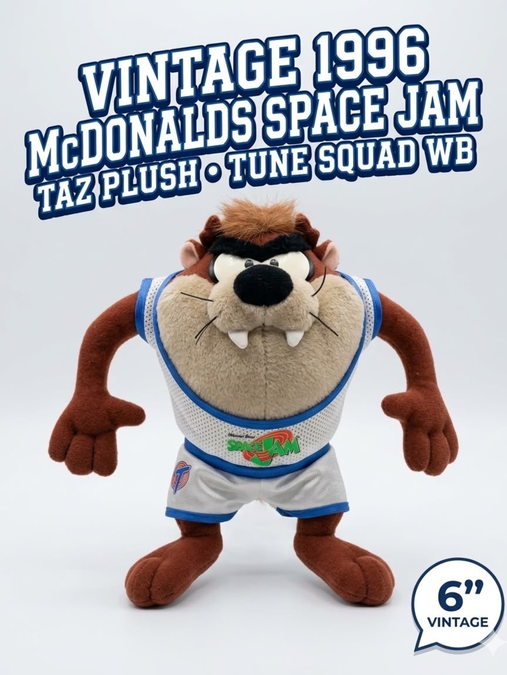 Vintage Taz Space Jam Plush 1996 McDonalds Toy Warner Bros Tune Squad Jersey 6"